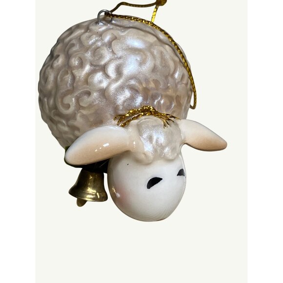 Handcrafted Ceramic Sheep Ornament With Golden Bell and Hanging Cord - Picture 3 of 10